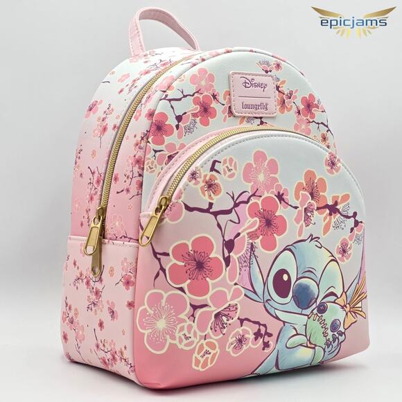 Loungefly Disney Stitch & Scrump Cherry Blossoms Pink Mini Backpack Bag New - Picture 2 of 7